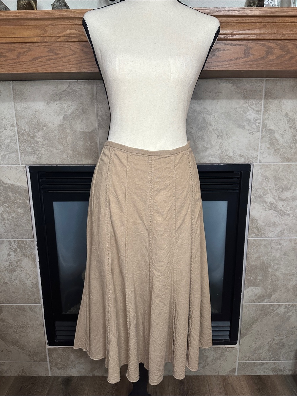 Dalia Collection Size 8 Boho Linen Blend Tan Paneled Flared Midi Maxi Skirt